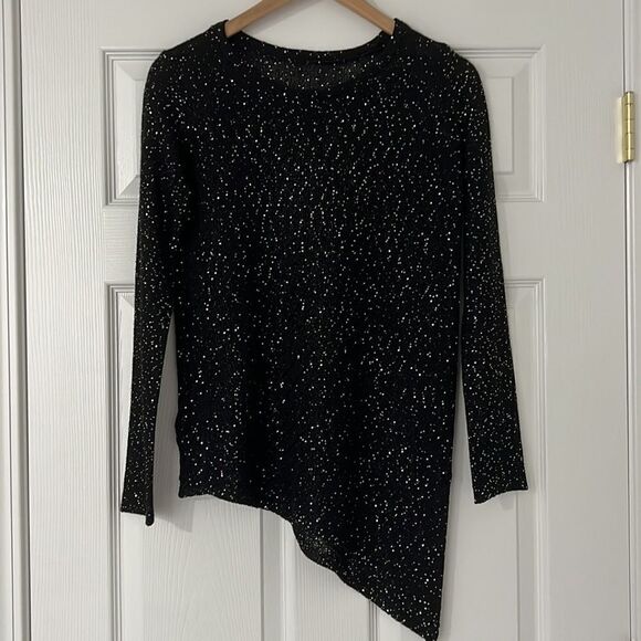 Black linen asymmetrical long sleeves top Sz Small sparkly - Picture 1 of 9